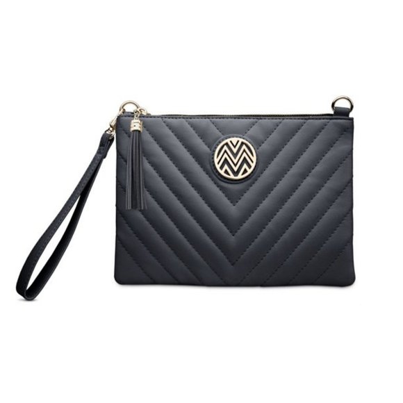Macbeth Quilted Black Clutch w/ Gold Accents + Removeable Wrist + Shoulder Strap - Picture 2 of 8